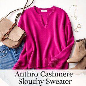 Pilcro 100% Cashmere Pink Split Neck Sweater Oversized Soft Luxe Knit L